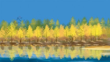 黄色树林秋季湖面蓝天卡通背景