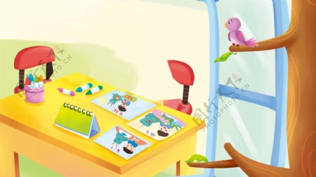 彩绘儿童学习桌插画背景设计