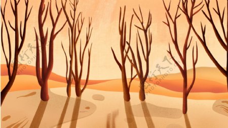 手绘金秋树林枯树木背景设计