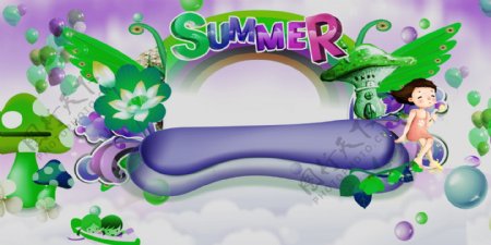 夏天绿色荷花蘑菇六一儿童节背景