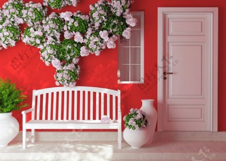 红墙花朵与白色的长椅主题高清图