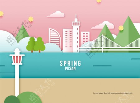 清新韩式春天气息卡通立体花朵建筑海报