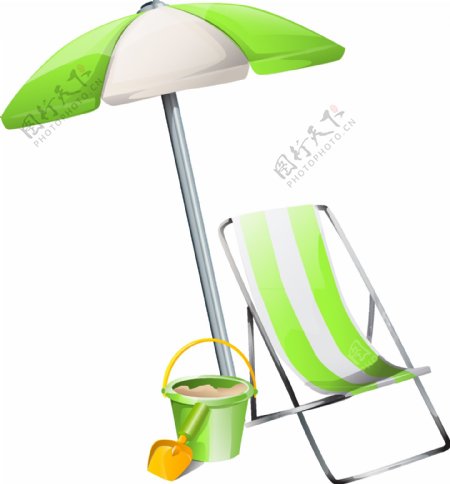 绿色清凉遮阳伞与沙滩桶