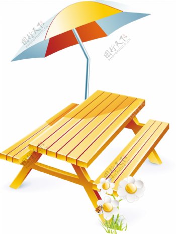 室外餐桌与遮阳伞矢量图
