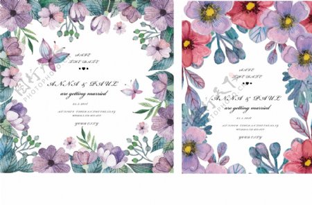 紫色系手绘花卉边框卡片