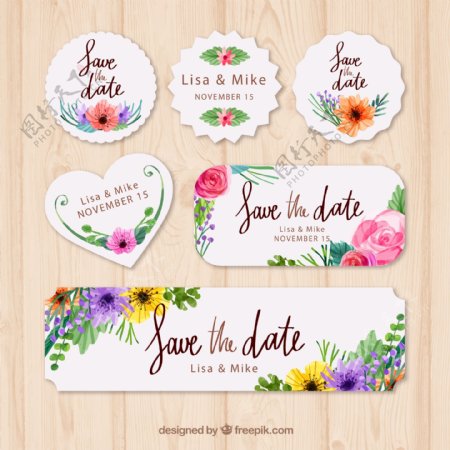 6款彩绘花朵婚礼标签矢量素材