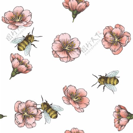 植物花朵花卉小蜜蜂四方连续底纹