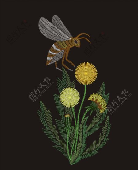 植物花卉蜜蜂刺绣矢量图下载