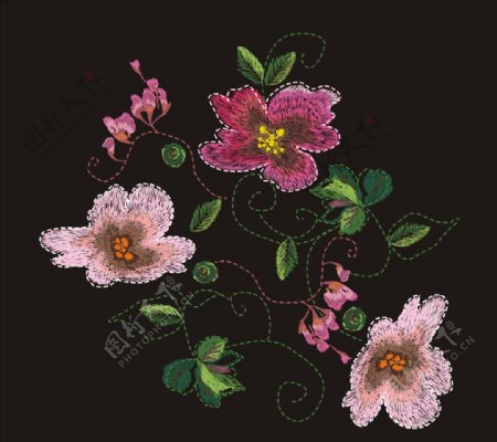 花朵花卉绿叶刺绣图案下载