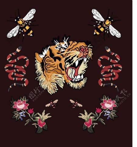 老虎蛇蜜蜂花朵组矢量图