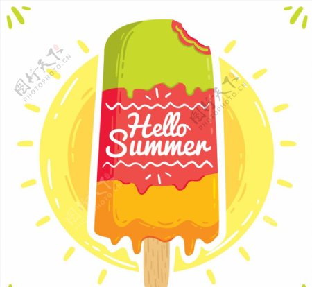 彩绘夏季雪糕和太阳矢量素材
