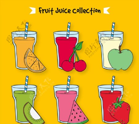 6款彩绘水果和果汁矢量图