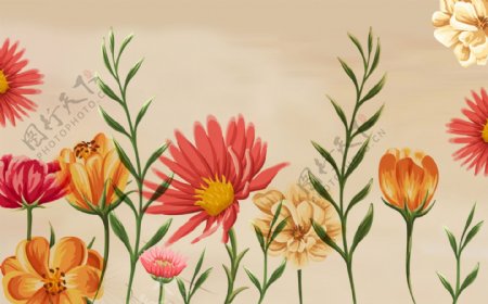 北欧复古手绘水彩花朵背景墙