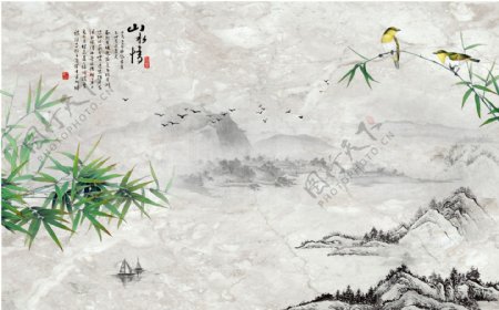 大理石纹理中式水墨山水画背景墙