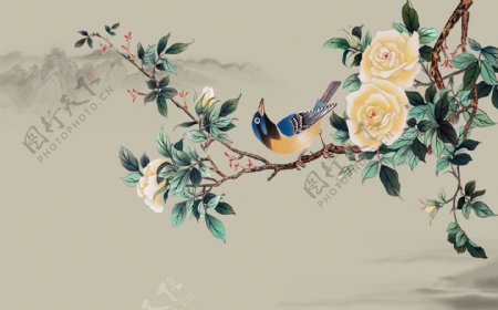 新中式手绘花鸟喜上眉梢背景墙