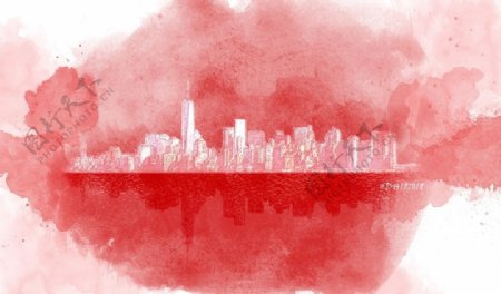 红色城市水彩背景