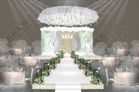 白绿色水彩主题婚礼效果图