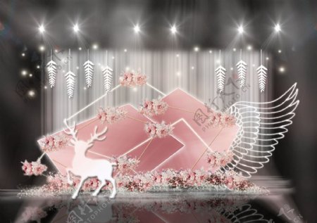 粉色圣诞气氛麋鹿雪花翅膀霓虹灯婚礼效果图