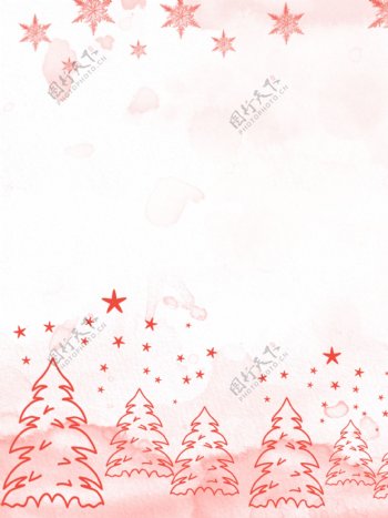 原创卡通线条圣诞树五角星圣诞节水彩背景