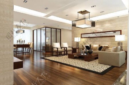 现代风格客厅中式空间效果图模型