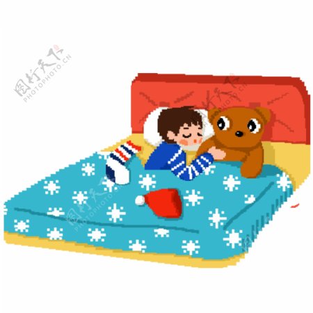 彩绘在床上睡着的男孩像素化设计可商用元素