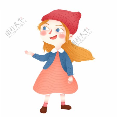 手绘卡通带着红帽子的女孩原创元素