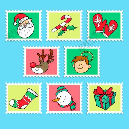 手绘图案的圣诞邮票标签素材