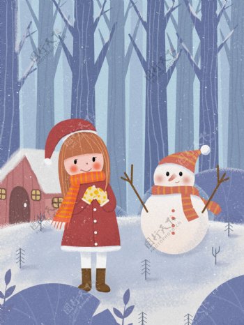 卡通冬季雪人女孩背景设计