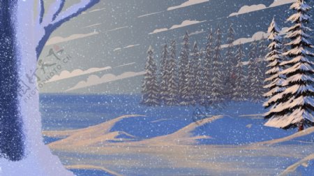 卡通风冬天雪地树林背景