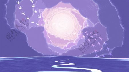 手绘紫色梦幻海上背景