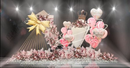 粉色童趣造型蝴蝶结雕塑皇冠人形婚礼效果图