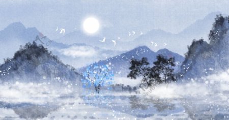 中国风青色唯美水墨山水背景插画