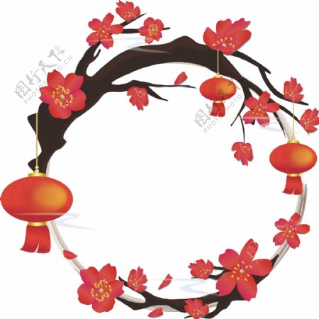 手繪中國風花卉植物木棉花喜慶燈籠裝飾元素