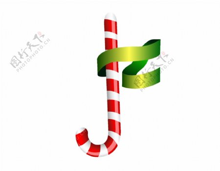 绿色丝带红色拐杖圣诞节元素
