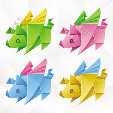 4款彩色带翅膀的猪折纸矢量素材