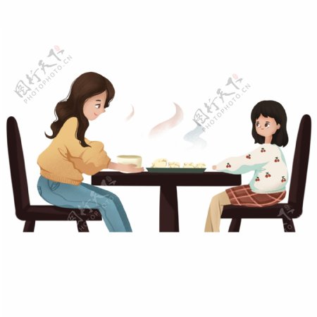 彩绘冬至一起吃饺子的母女俩