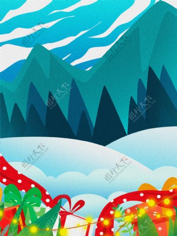 手绘山峰圣诞节雪地的礼物盒背景素材