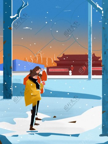 手绘站在雪中的情侣大寒节气背景素材