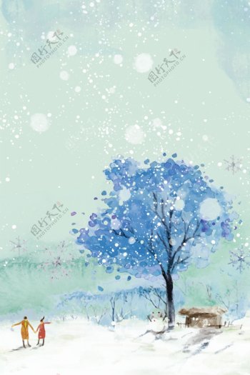 彩绘冬季大树雪地背景素材