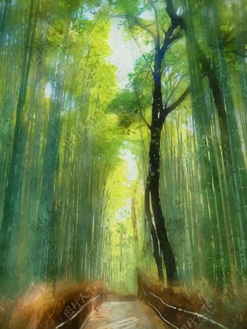 全原创手绘水彩清新竹林小道背景