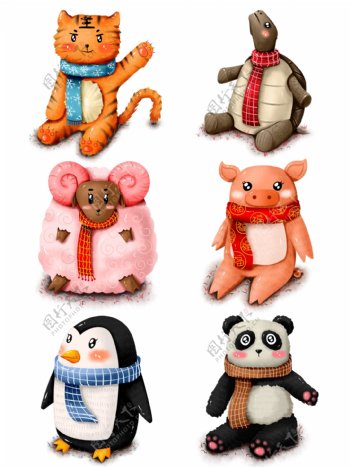 原创手绘动物小猪年冬季冬日围巾熊猫羊