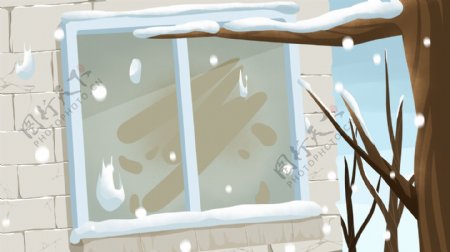 手绘窗外的冬天风景背景素材