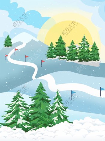 彩绘雪地滑雪场地背景设计