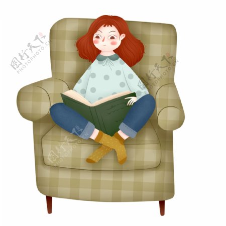 手绘坐在沙发上看书的宅女人物设计