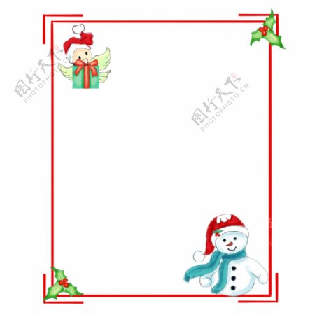 卡通手绘方形圣诞边框送礼物的小鸟和雪人