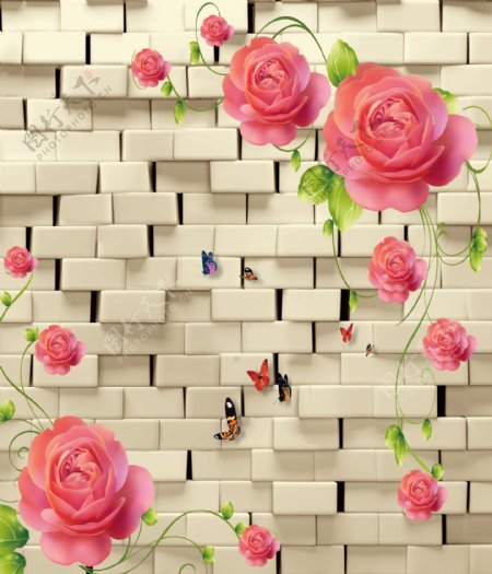 3D立体玫瑰花墙砖背景墙