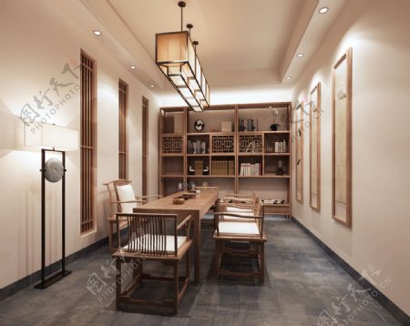 中式书房茶室效果图3D模型