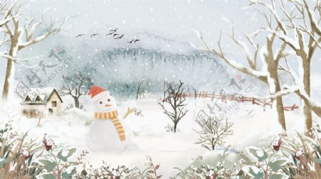 唯美清新大雪小雪雪景冬季风景插画