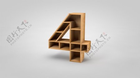 数字4木质现代货架书架木架C4D建模