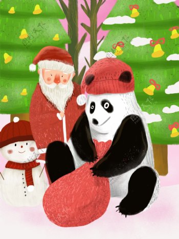 圣诞节雪人圣诞老人送礼物插画